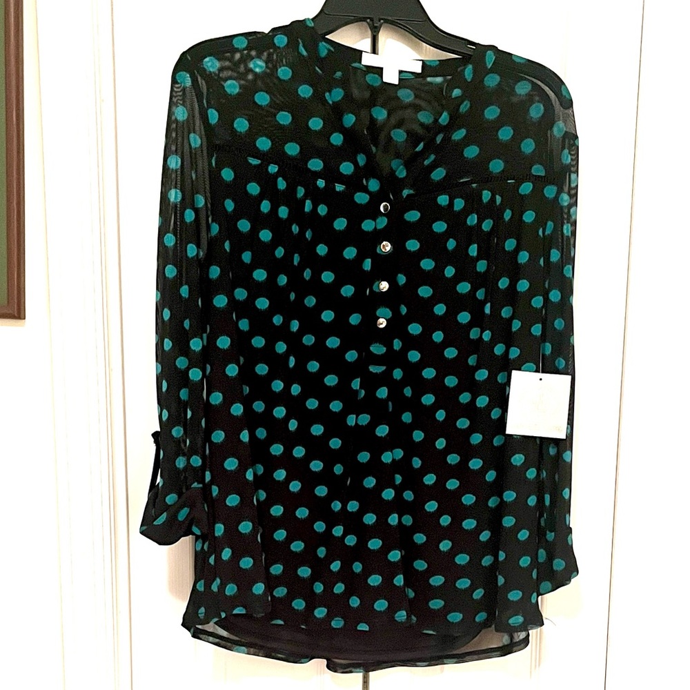 NEW Juniper + Lime Black & Emerald Polka Dot Sheer Blouse (Large)
